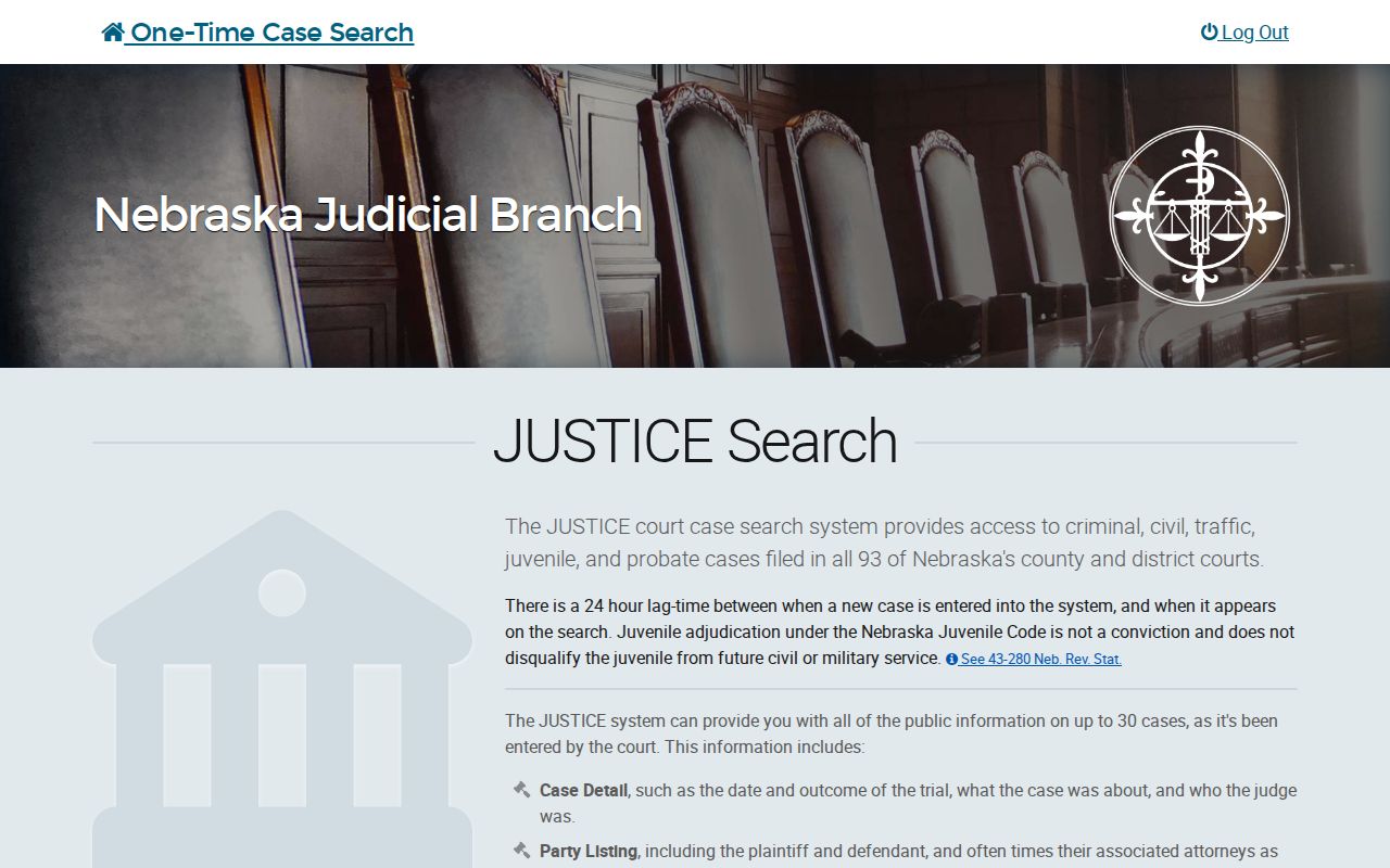 Saline County court docket search fields in the Nebraska JUSTICE public record interface