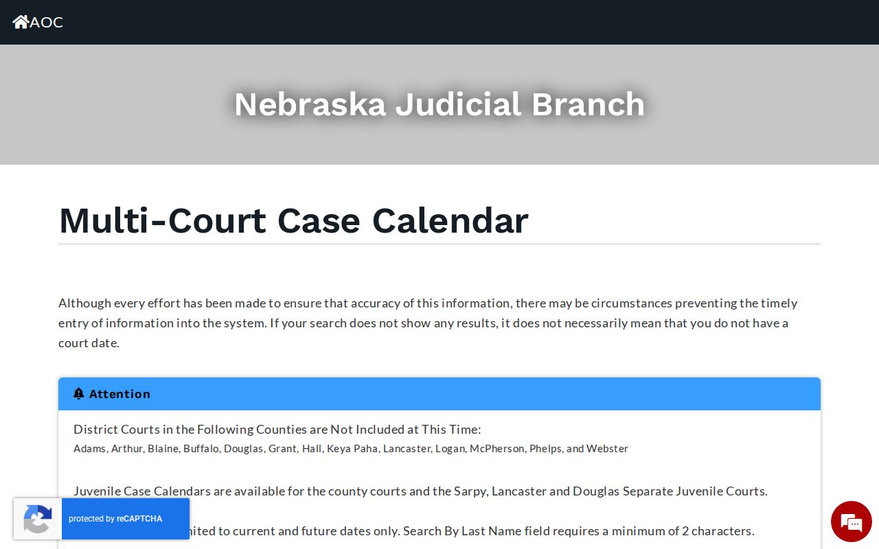 Saline County court calendar search controls in the Nebraska Multi-Court Case Calendar