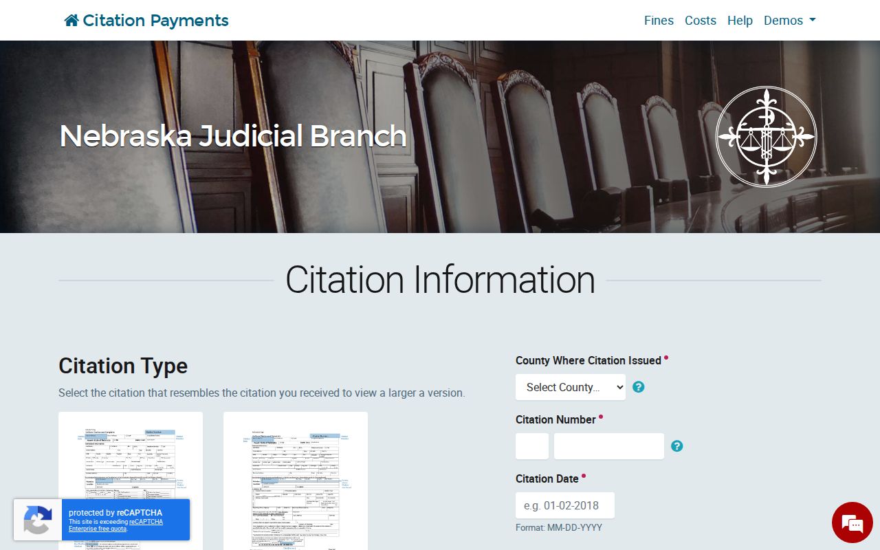 Saline County court docket traffic citation search fields in Nebraska Citation Information