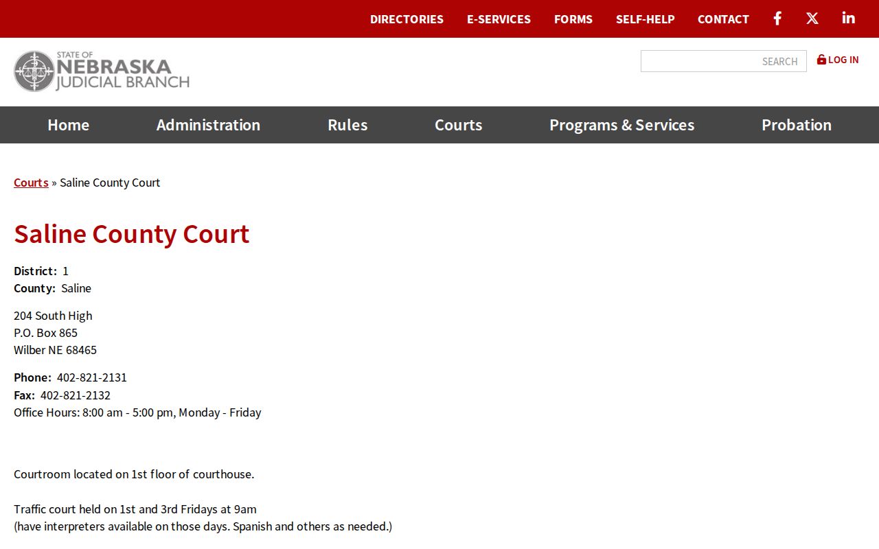 Saline County court docket contact and courtroom information from the official Nebraska court profile