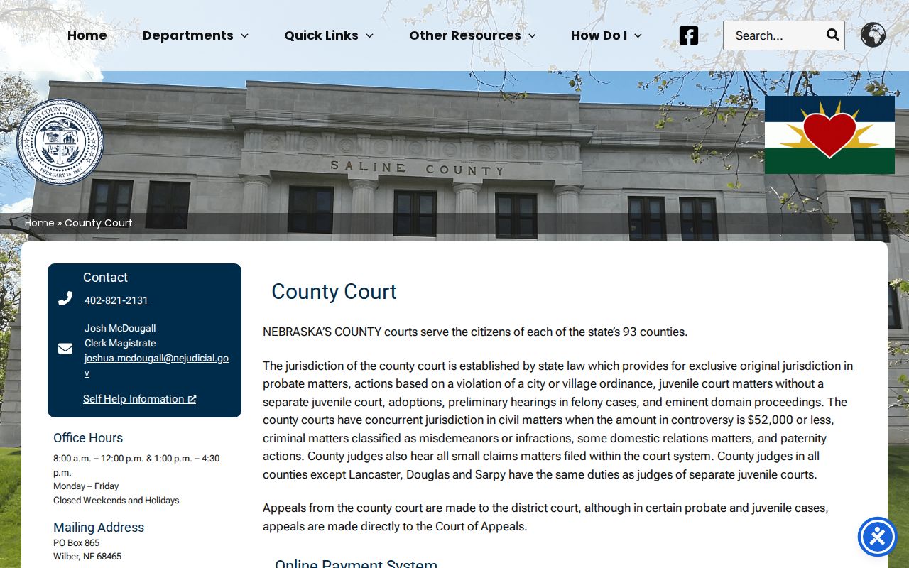 Saline County court docket clerk and counter hours on the official county court page